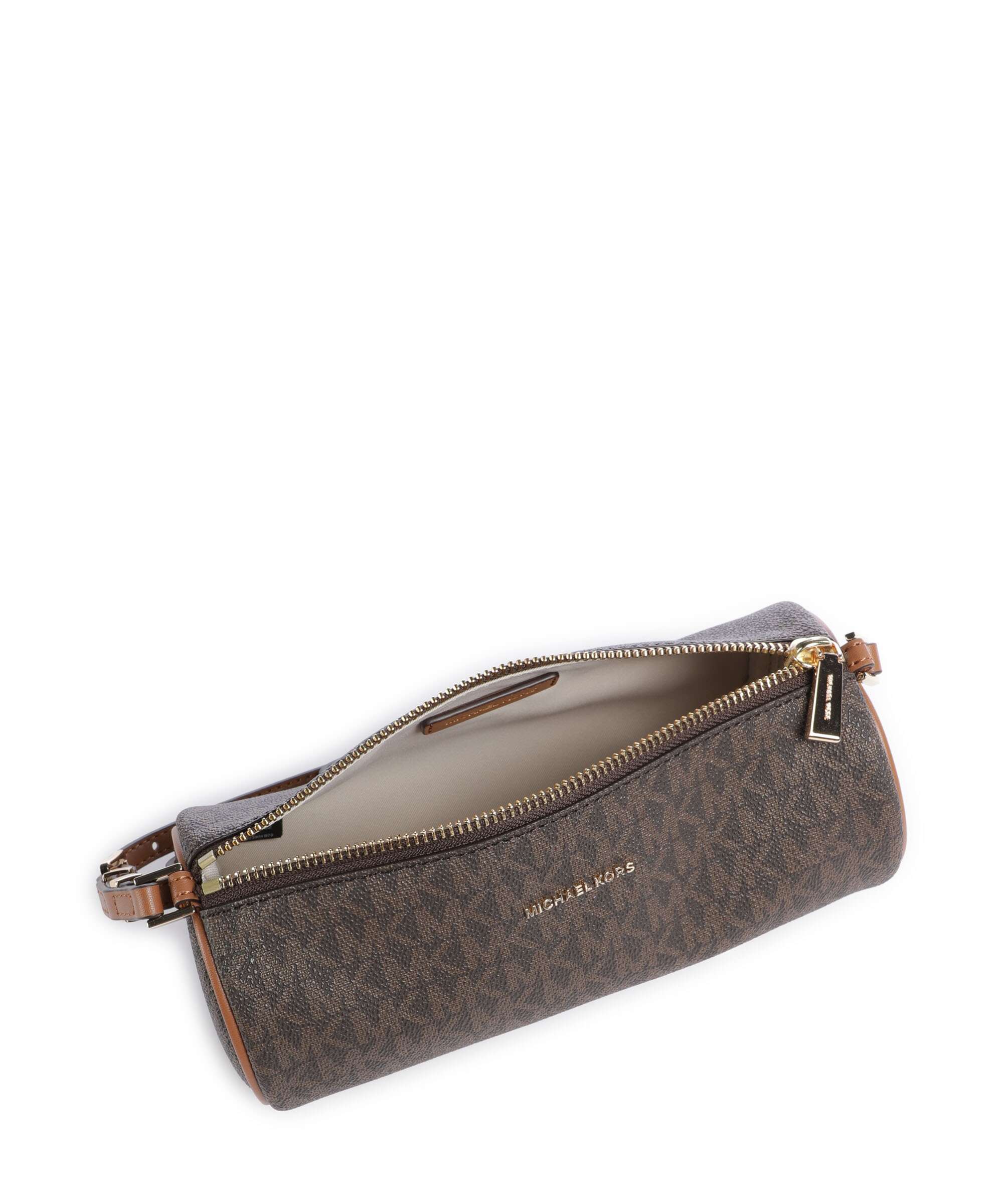 Borsa a spalla monogram Michael Kors aperta che mostra l'interno foderato e la chiusura a zip in metallo color oro.