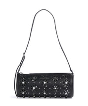 Borsa a spalla pelle Michael Kors modello Izzy Small nera, con design traforato a fiori e borchie argentate, vista frontale.