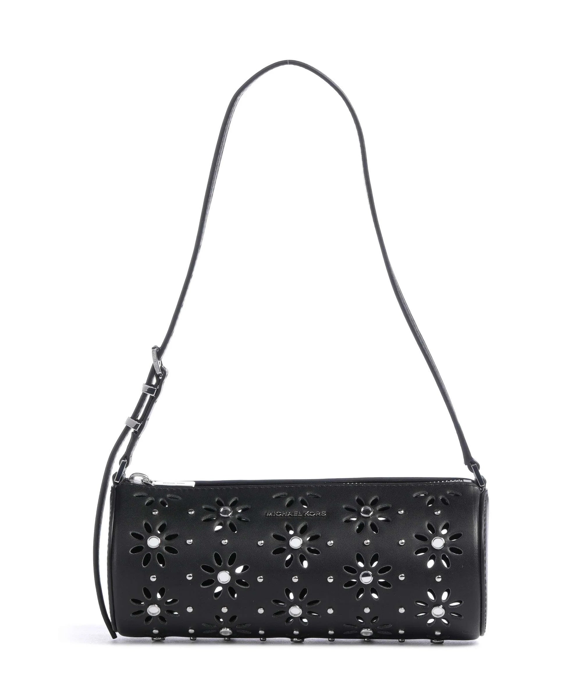 Borsa a spalla pelle Michael Kors modello Izzy Small nera, con design traforato a fiori e borchie argentate, vista frontale.