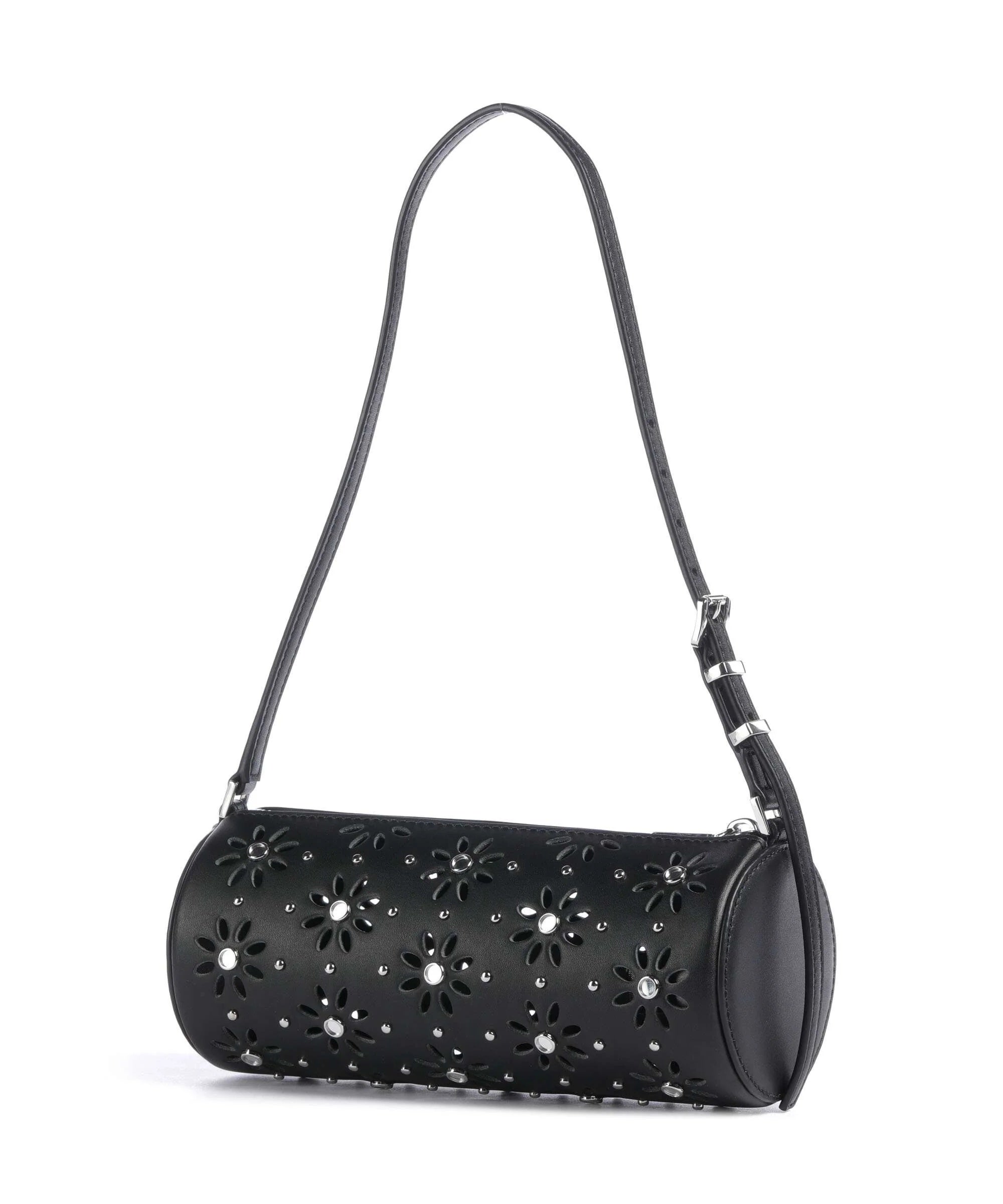 Borsa a spalla pelle Michael Kors Izzy Small nera cilindrica con motivo floreale traforato e strass applicati su sfondo bianco.