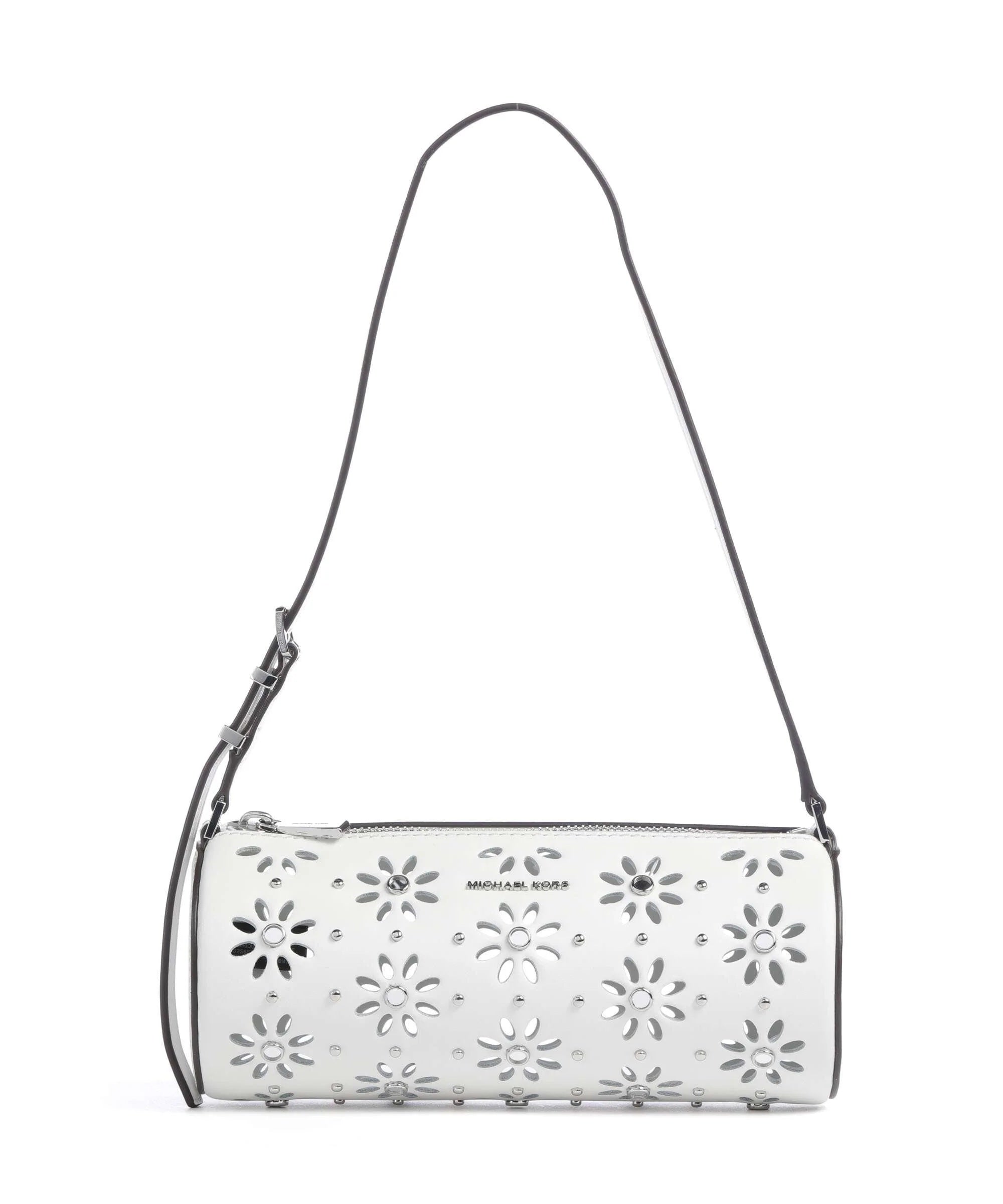 Borsa Izzy Michael Kors a spalla in pelle bianca con motivo floreale traforato e dettagli argento vista frontale su sfondo bianco.