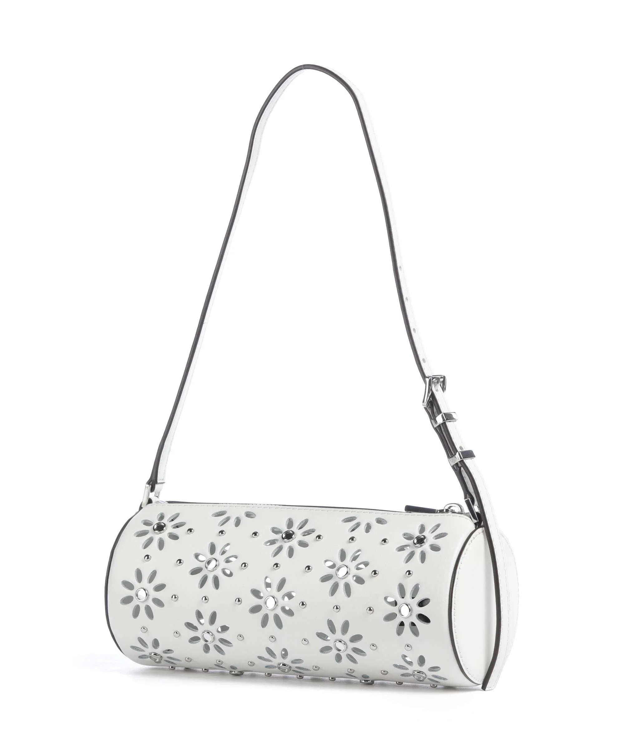Borsa Izzy Michael Kors bianca a cilindro con motivo floreale traforato e cristalli, vista laterale su sfondo bianco.