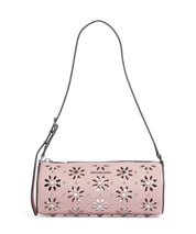 Borsa a spalla in pelle Michael Kors Izzy Small rosa con motivo floreale traforato e borchie.
