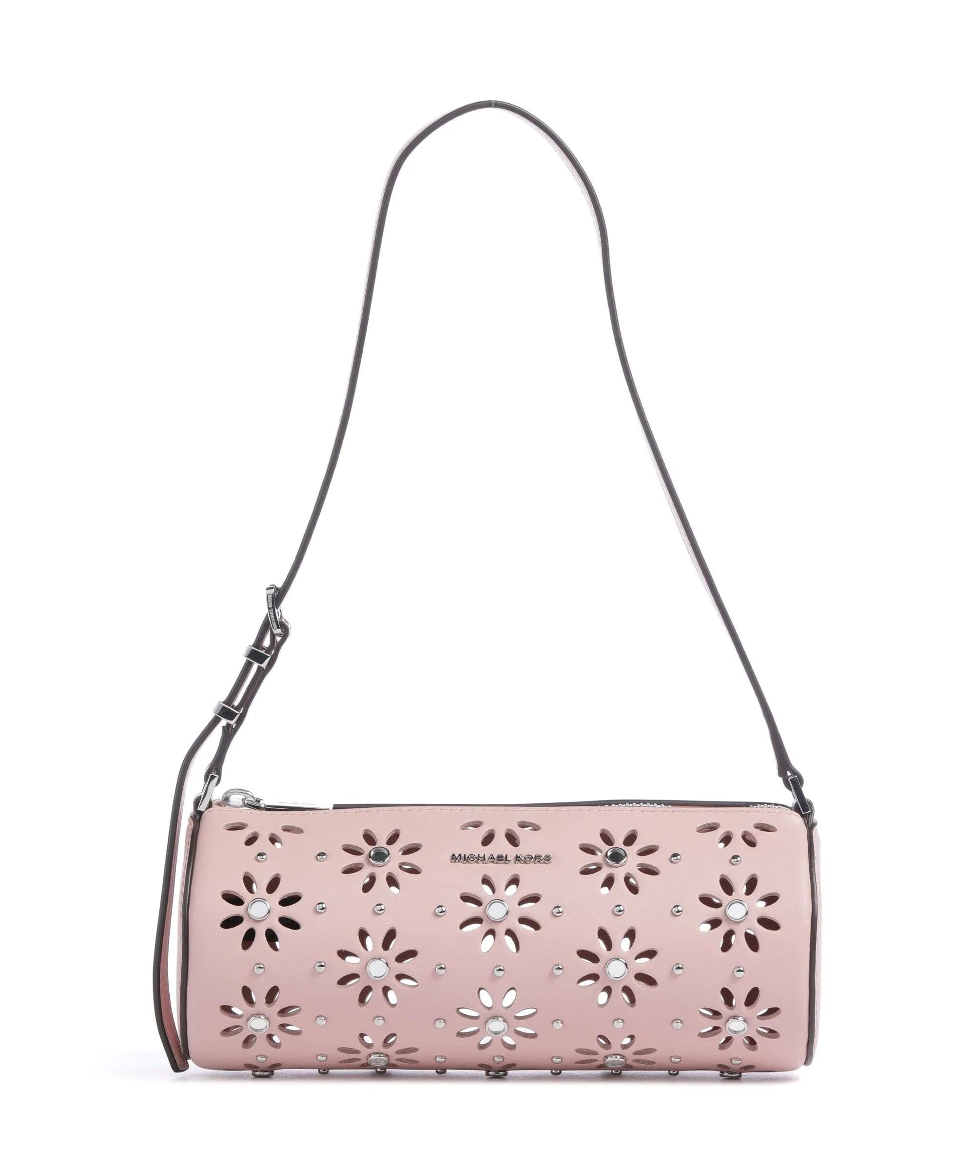 Borsa a spalla in pelle Michael Kors Izzy Small rosa con motivo floreale traforato e borchie.