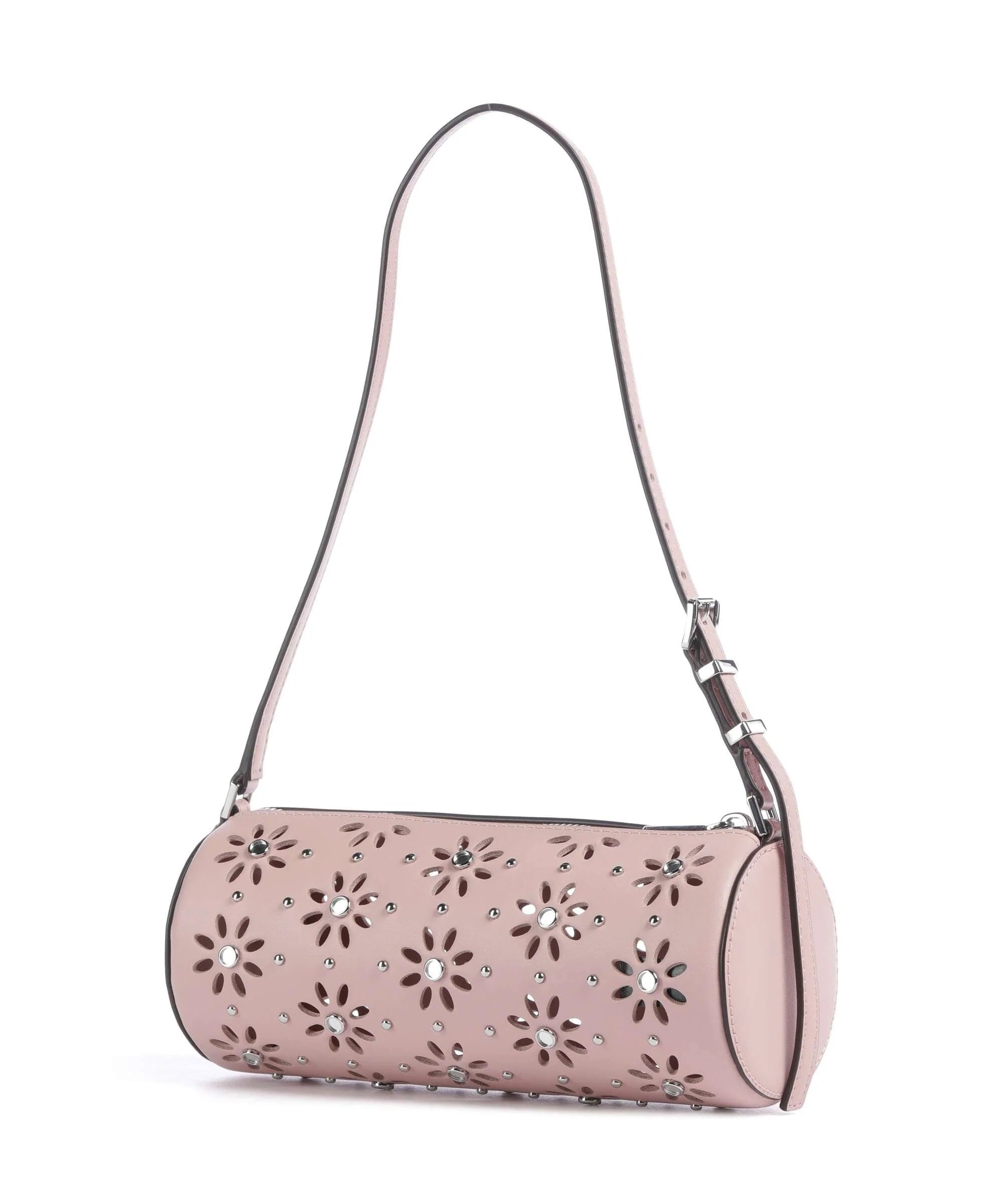 Borsa a spalla in pelle Michael Kors modello Izzy Small di colore rosa con motivo floreale traforato e borchie argentate, vista laterale.