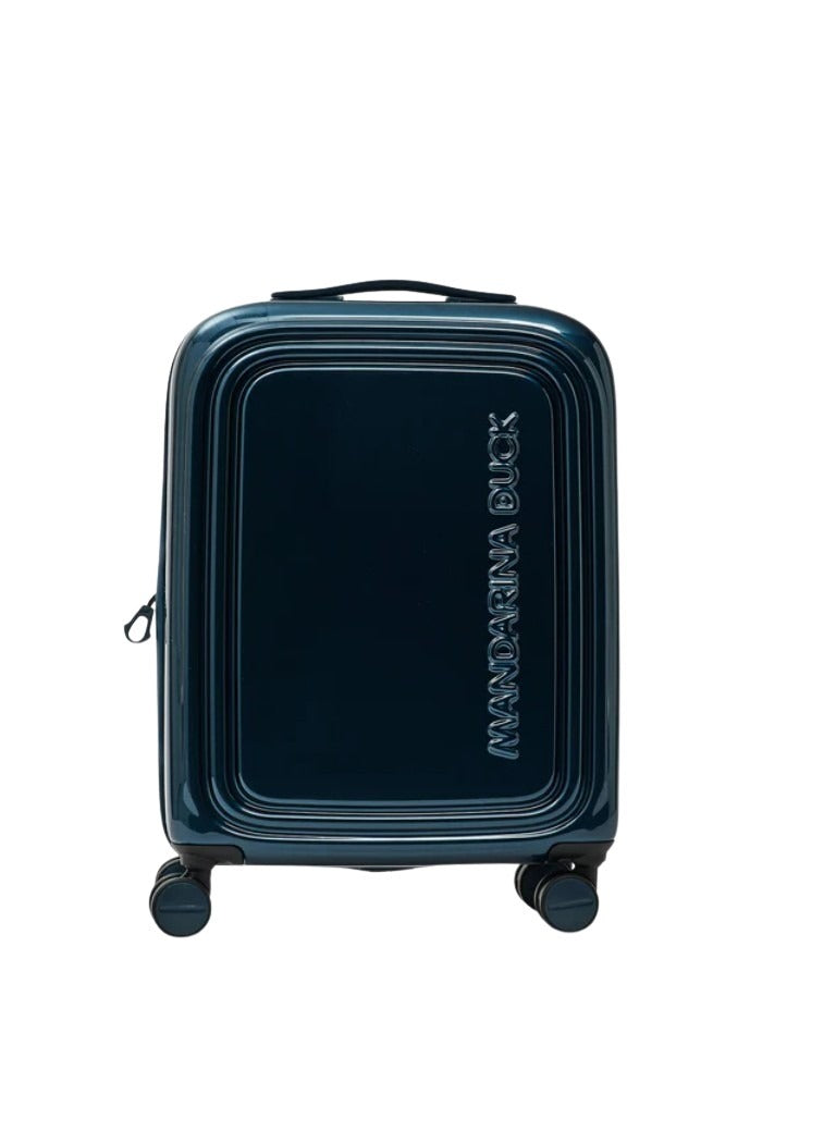 Unisex Cabin Trolley Logoduck metal Mandarina Duck with logo, designed for travel, featuring a sturdy handle and compact size.