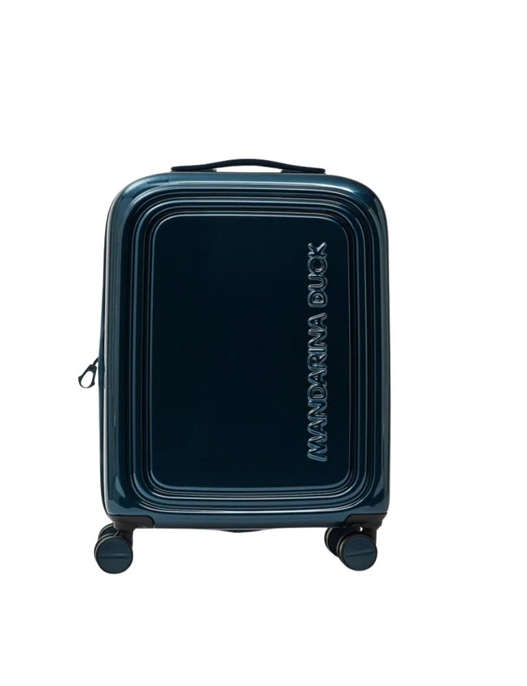 Unisex Cabin Trolley Logoduck metal Mandarina Duck with logo, designed for travel, featuring a sturdy handle and compact size.