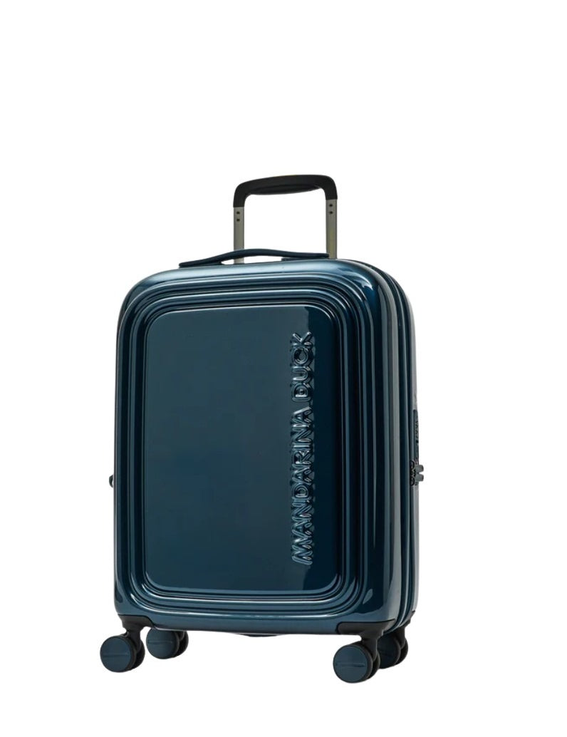 Unisex cabin trolley bag by Mandarina Duck with metal logo, featuring a sleek design and sturdy handle for travel.