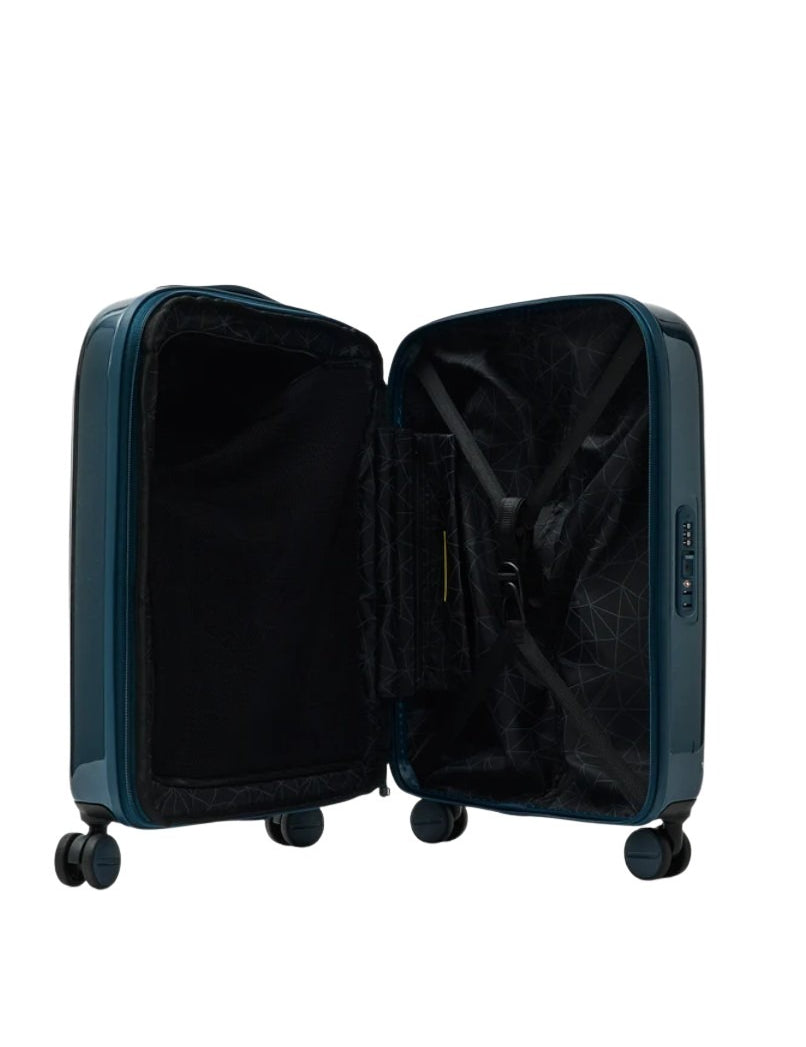 Unisex cabin trolley bag by Mandarina Duck with metal logo and compact design, ideal for travel and hand luggage.