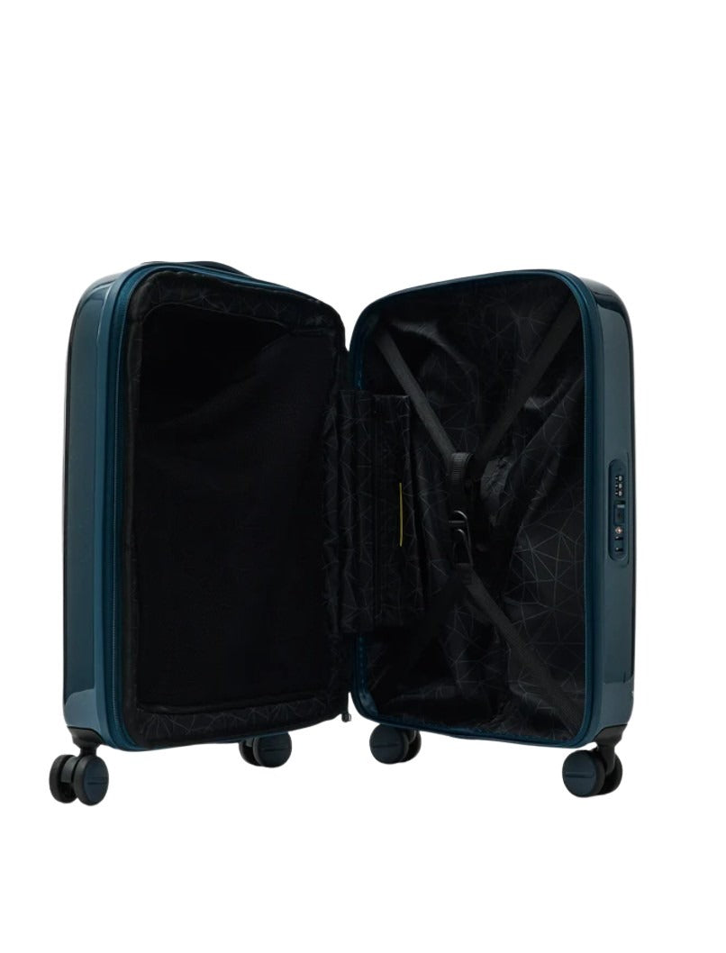 Unisex cabin trolley bag by Mandarina Duck with metal logo and compact design, ideal for travel and hand luggage.