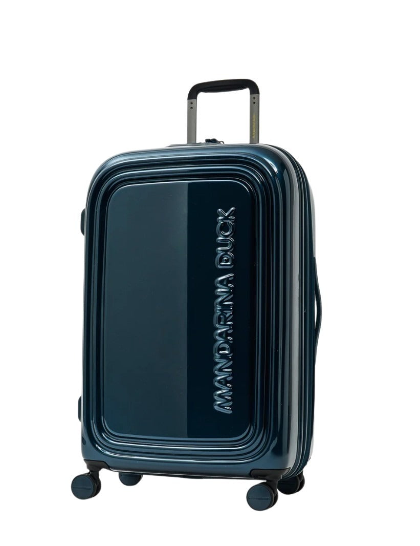Medium Mandarina Duck trolley logoduck metal carry-on suitcase with handle and wheels, designed for unisex travel accessories.