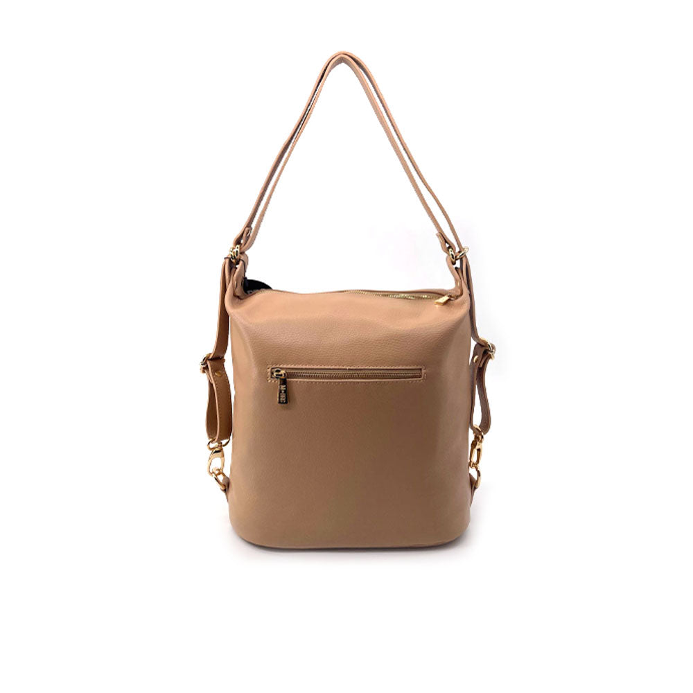 Borsa Zaino Round M*Brc color tortora vista da dietro. Mostra la tasca posteriore con zip e gli spallacci per la portabilità a zaino.