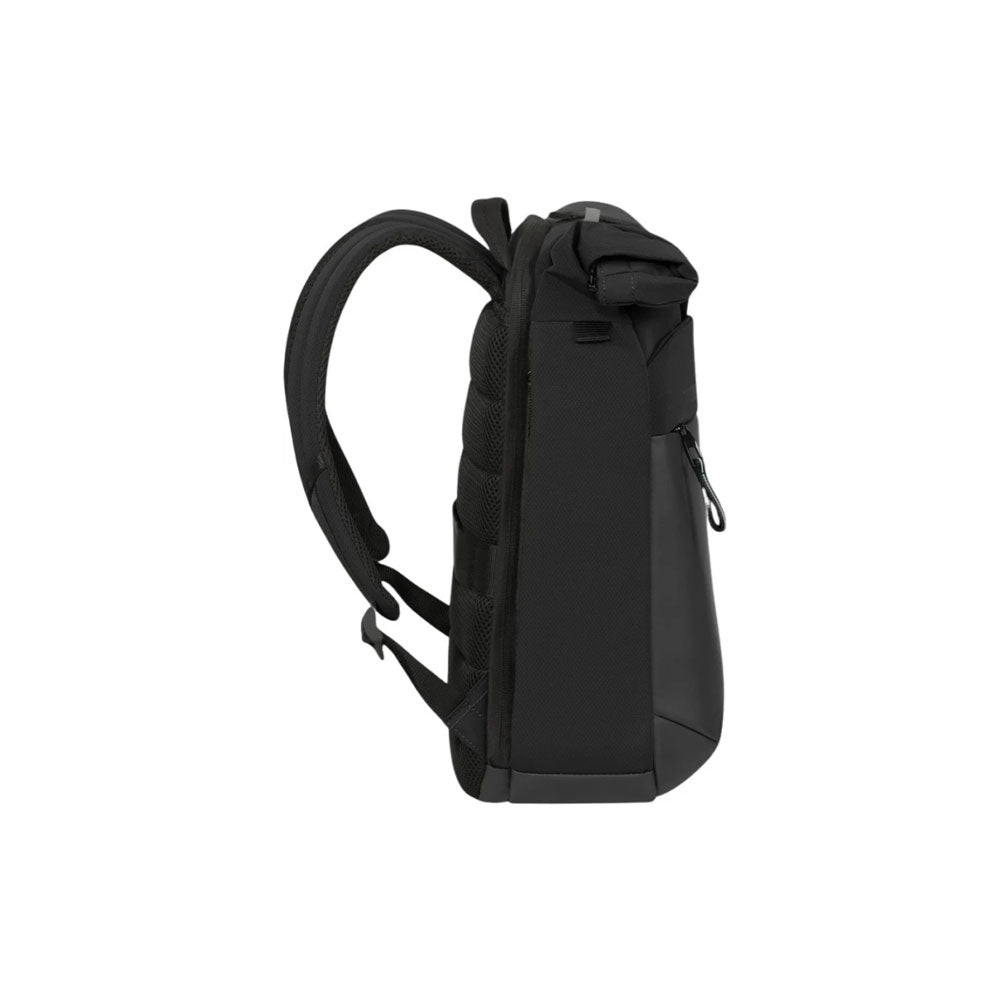 Zaino rolltop Samsonite Moderny nero, vista di profilo che mostra gli spallacci ergonomici e il design espandibile per laptop.