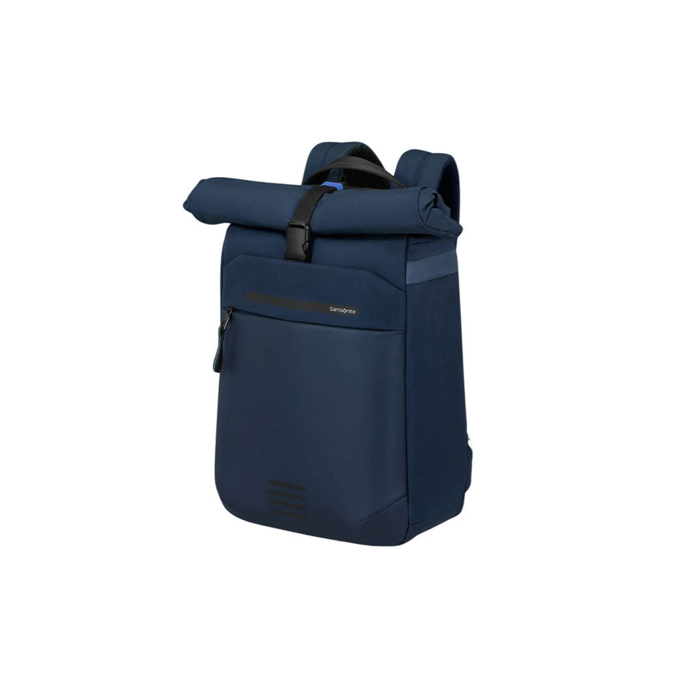 Zaino rolltop Samsonite Moderny di colore blu per laptop da 15.6 pollici, ideale per professionisti moderni, con chiusura arrotolabile.