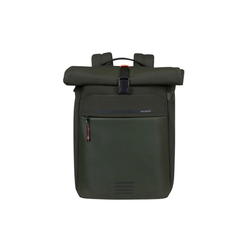 Zaino rolltop samsonite Moderny di colore verde scuro, con chiusura a fibbia e tasca anteriore per laptop da 15.6 pollici.