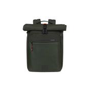 Zaino rolltop samsonite Moderny di colore verde scuro, con chiusura a fibbia e tasca anteriore per laptop da 15.6 pollici.