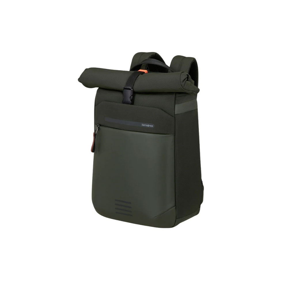 Zaino rolltop samsonite Moderny verde scuro per laptop 15.6", con chiusura arrotolata e tasca frontale.