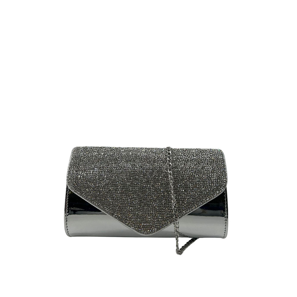 Clutch con strass da donna Menbur canna di fucile con design specchiato e paillettes, chiusura con patta magnetica e tracolla a catena.