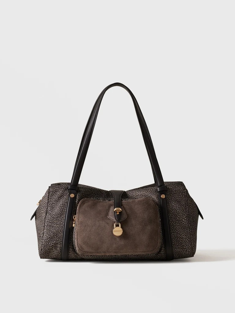 Borbonese Poche Medium shoulder bag in recycled Op fabric and leather