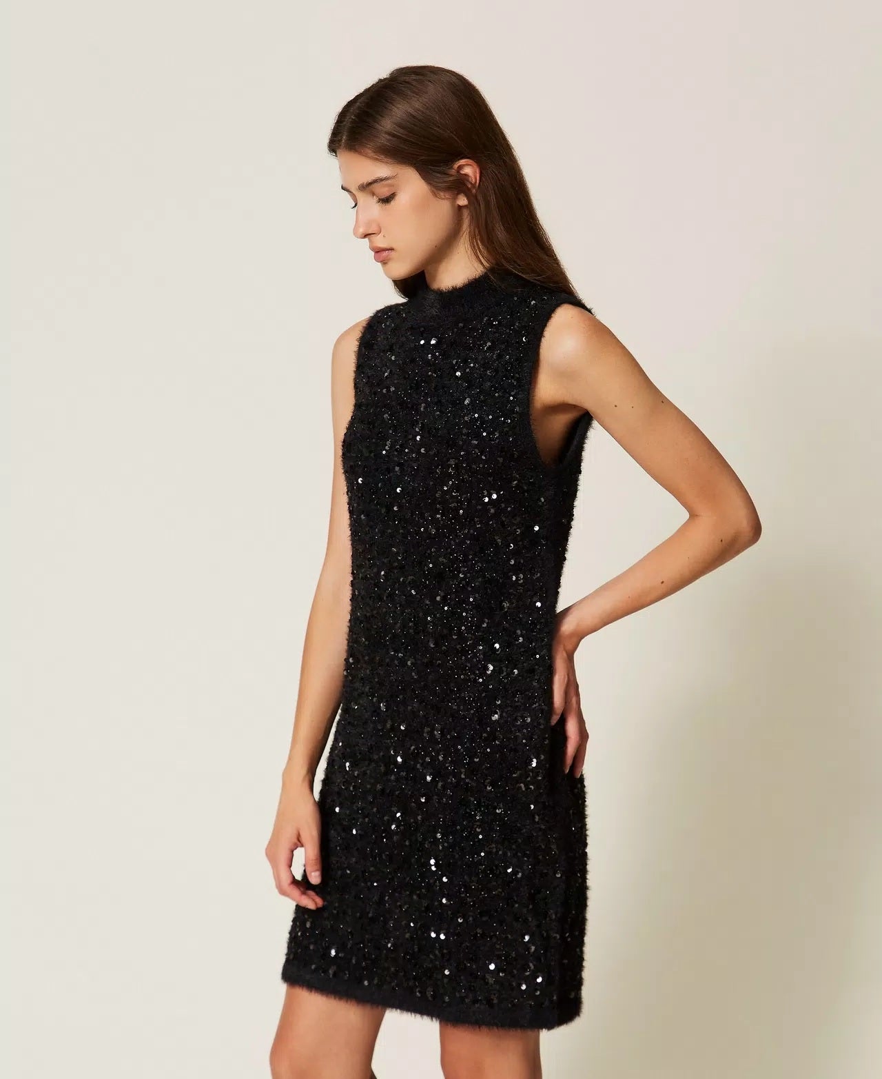 Short mock-neck knit dress with Twinset embroidery