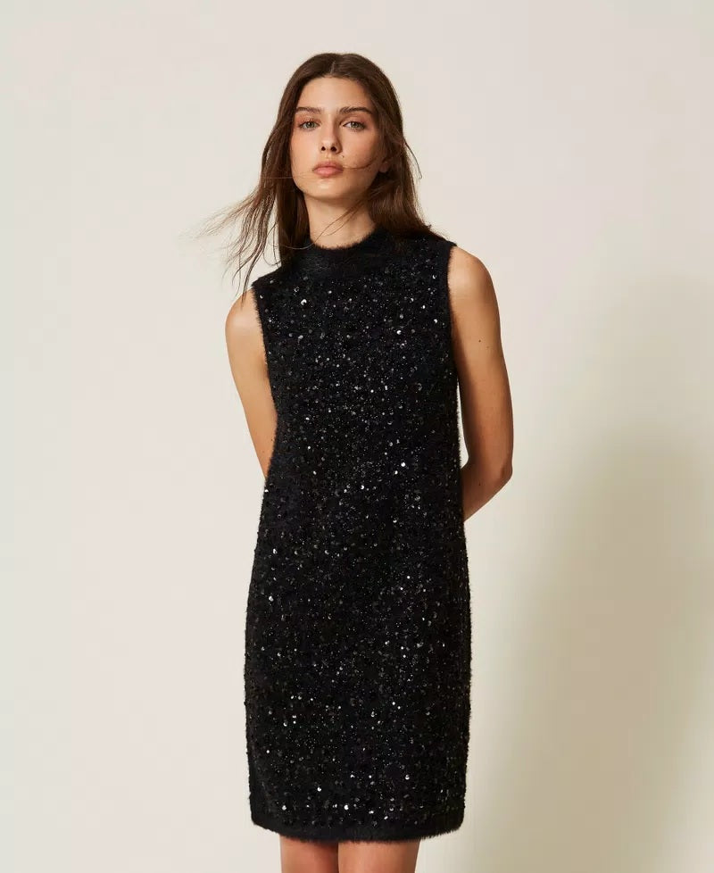 Short mock-neck knit dress with Twinset embroidery