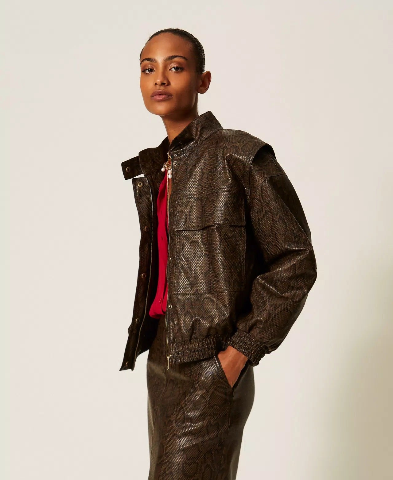 Twinset python-print faux-leather bomber jacket