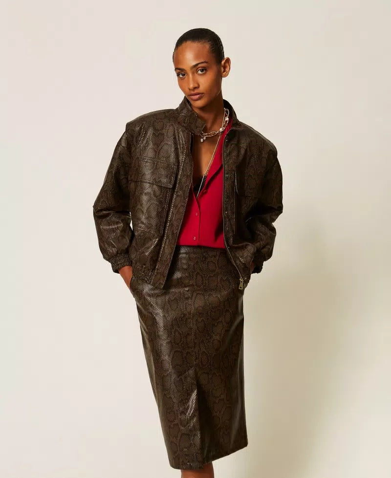 Twinset python-print faux-leather bomber jacket
