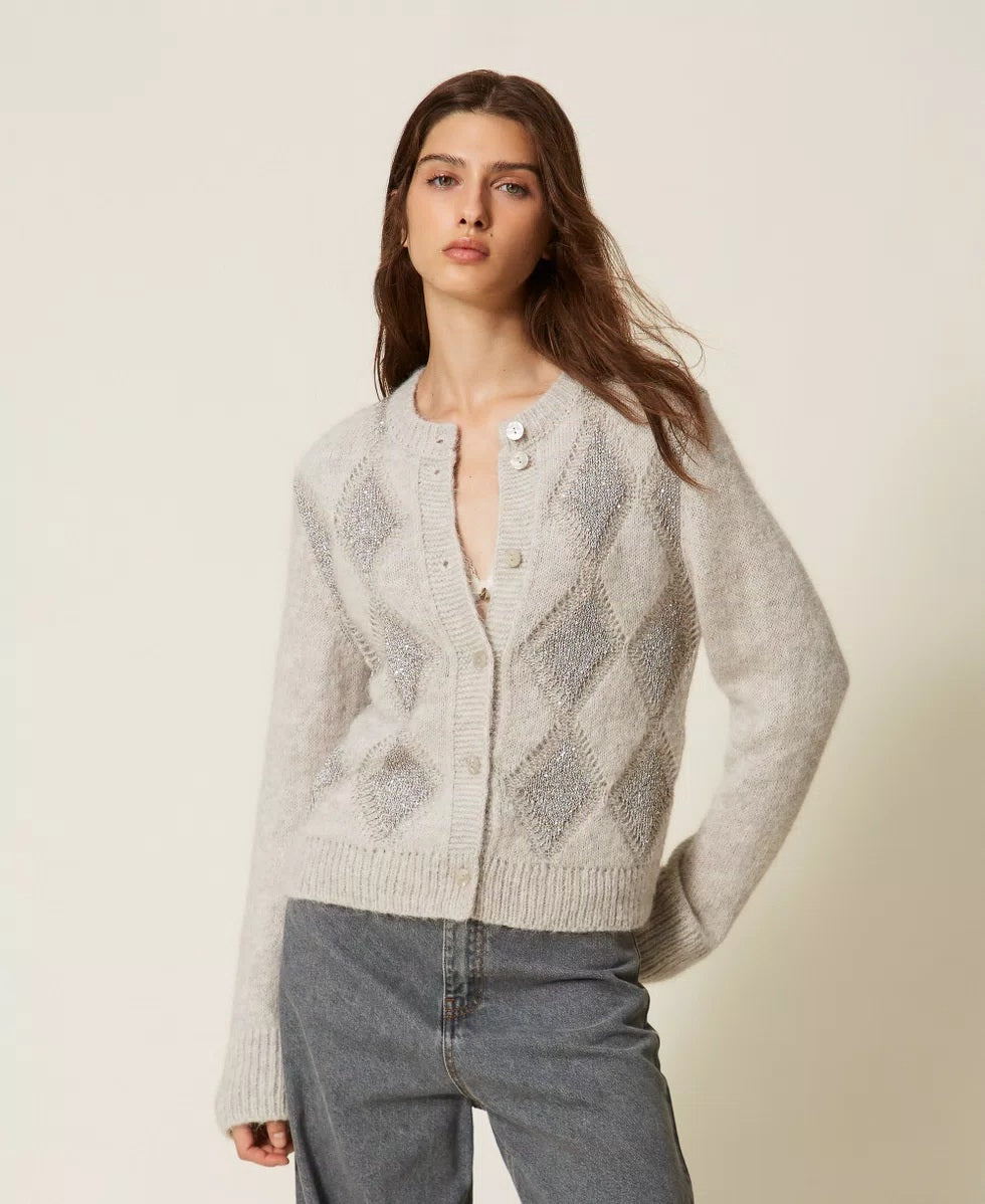 Cardigan jacquard a rombi con paillettes Twinset