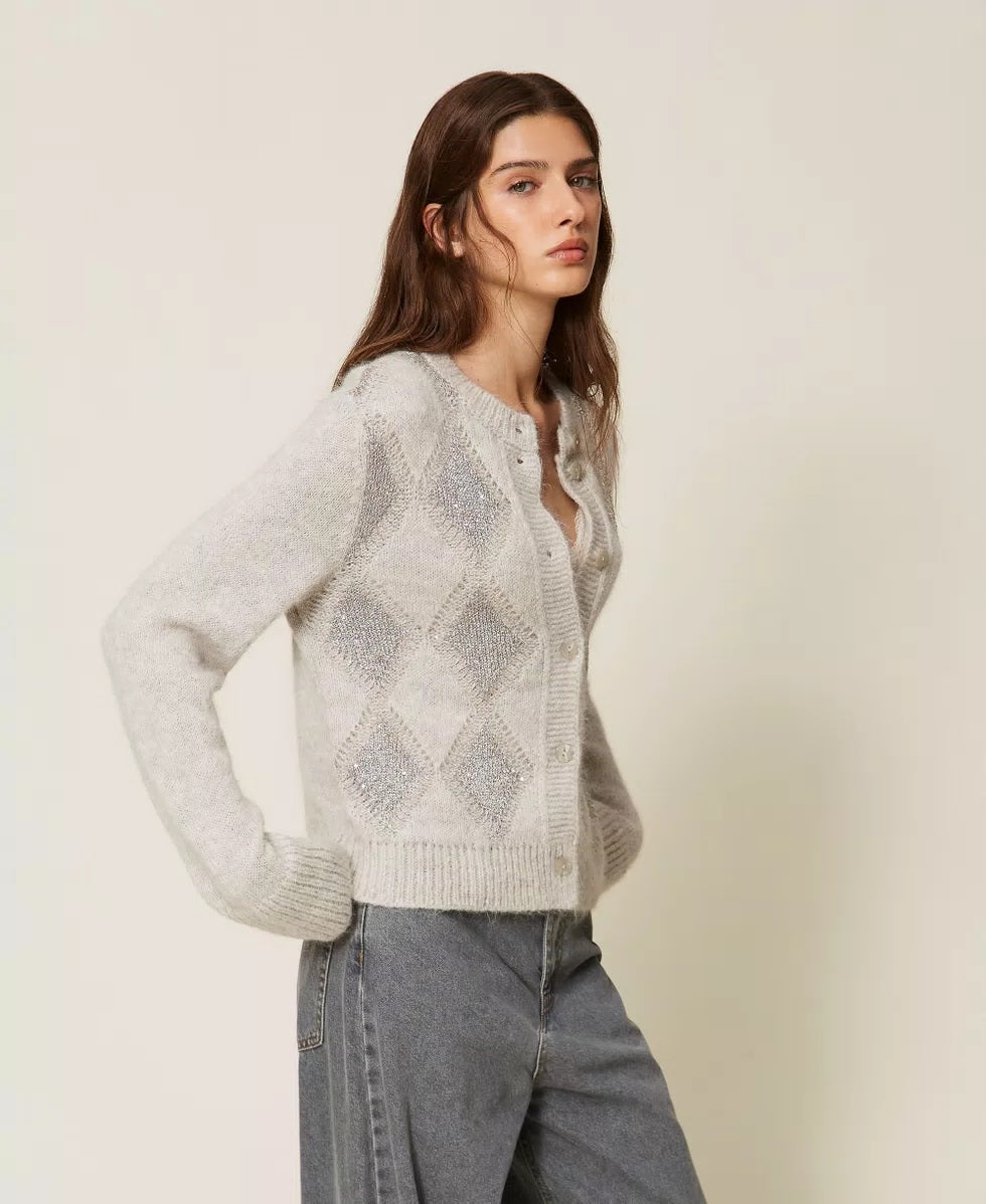 Cardigan jacquard a rombi con paillettes Twinset