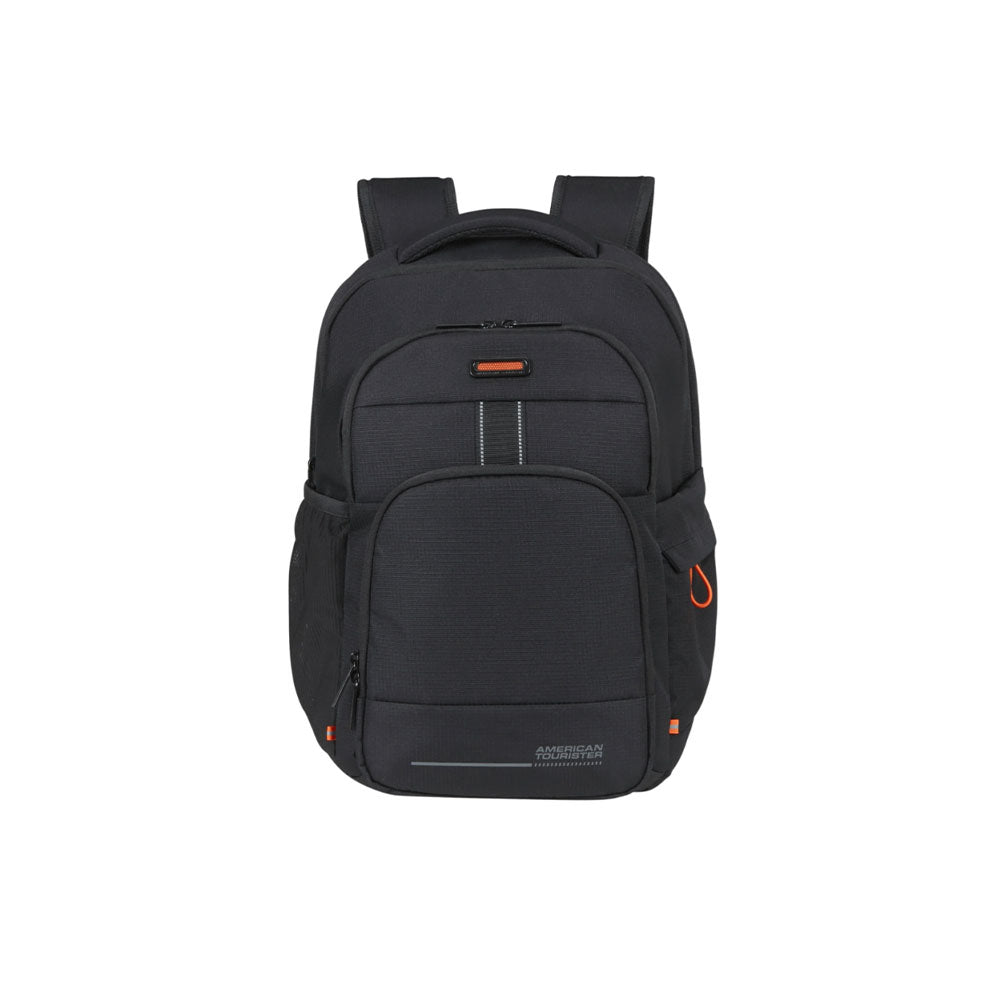 Unisex American Tourister At Work Nxt 14-inch backpack with multiple compartments and padded straps, black fabric design.