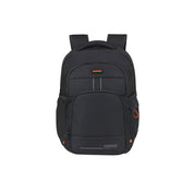 Unisex American Tourister At Work Nxt 14-inch backpack with multiple compartments and padded straps, black fabric design.