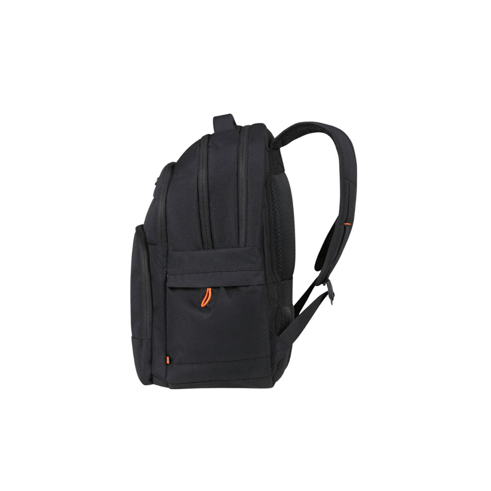 Unisex American Tourister At Work Nxt 14-inch backpack, black with multiple compartments and padded shoulder straps.