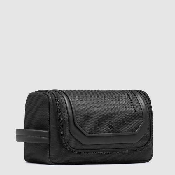 Unisex Piquadro Lyss beauty case with multiple compartments, black synthetic material, and sleek travel accessory design.