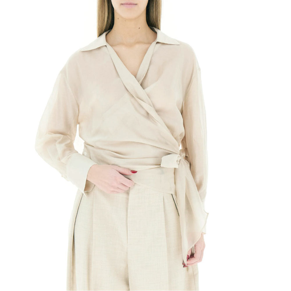 White Vicolo Donna blouse with a bow detail, featuring long sleeves and a classic collar, perfect for casual or office wear.