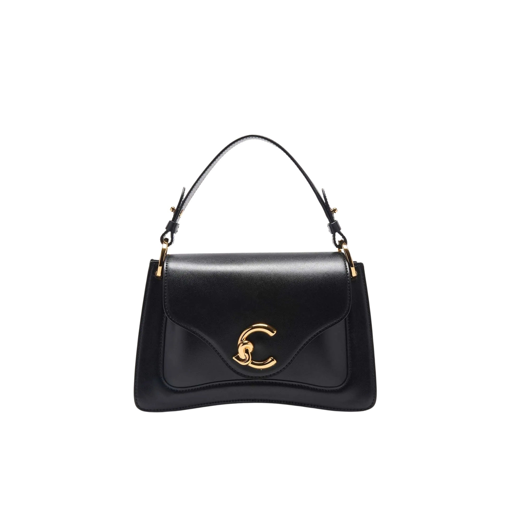 Coccinelle C-Me Small hand handbag in black leather, with gold-tone hardware and top handle for stylish women’s accessories.