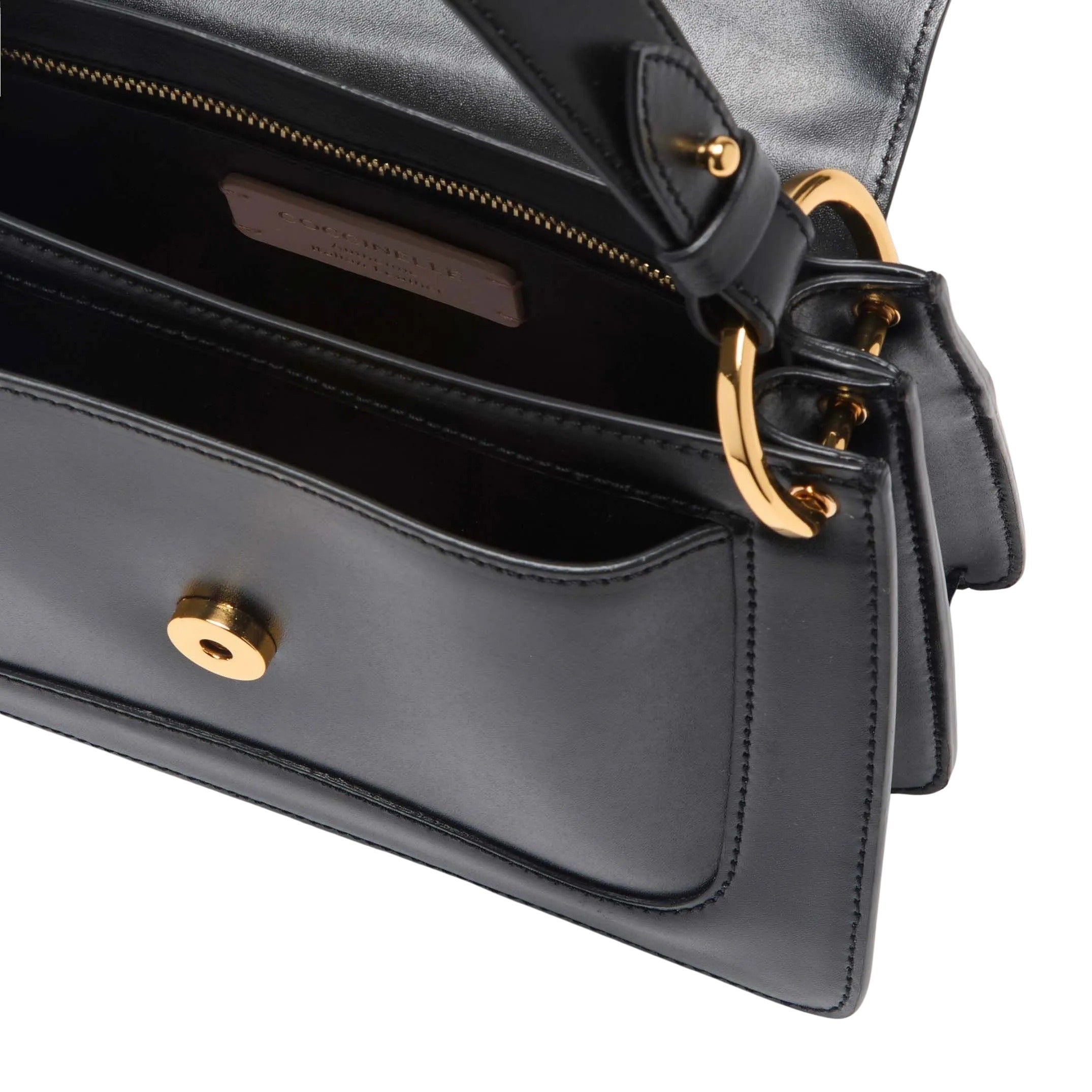 Coccinelle C-Me Small women's hand bag, stylish black leather accessory with structured design and top handles.