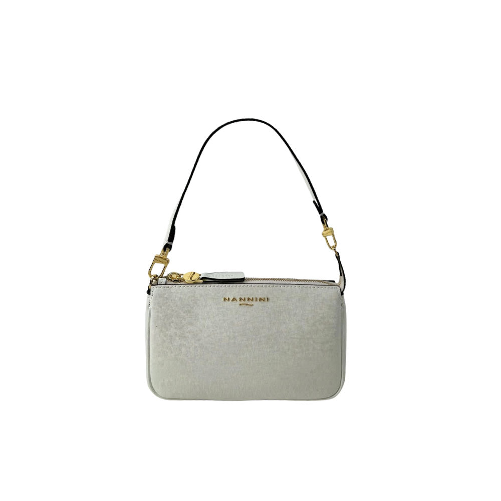 Nannini Flora mini shoulder bag in beige leather, stylish accessory with a slim strap, perfect for women’s casual and elegant outfits.