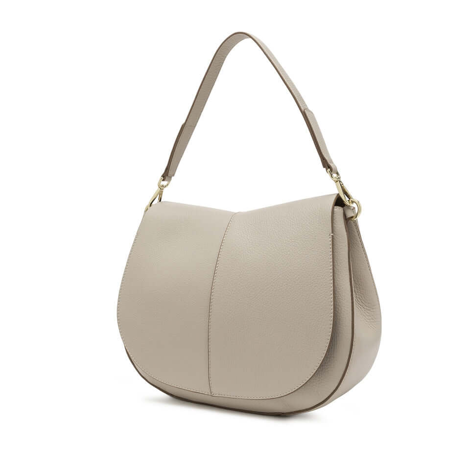 Gianni Chiarini Helena Round shoulder bag in beige leather with top handle and adjustable strap, stylish accessory for women.
