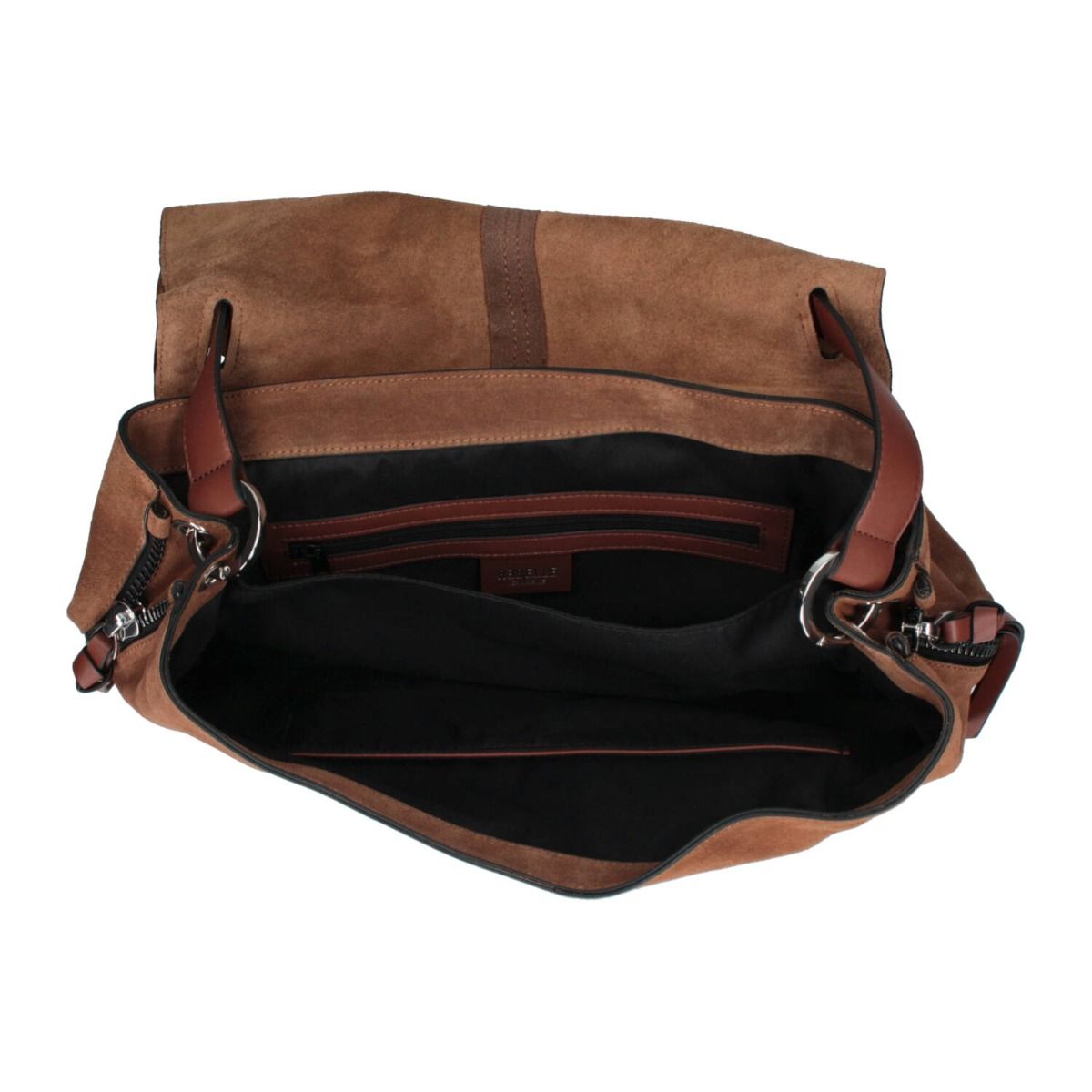 Borsa a spalla Lampetra Rebelle in pelle nera con dettagli eleganti e tracolla regolabile.