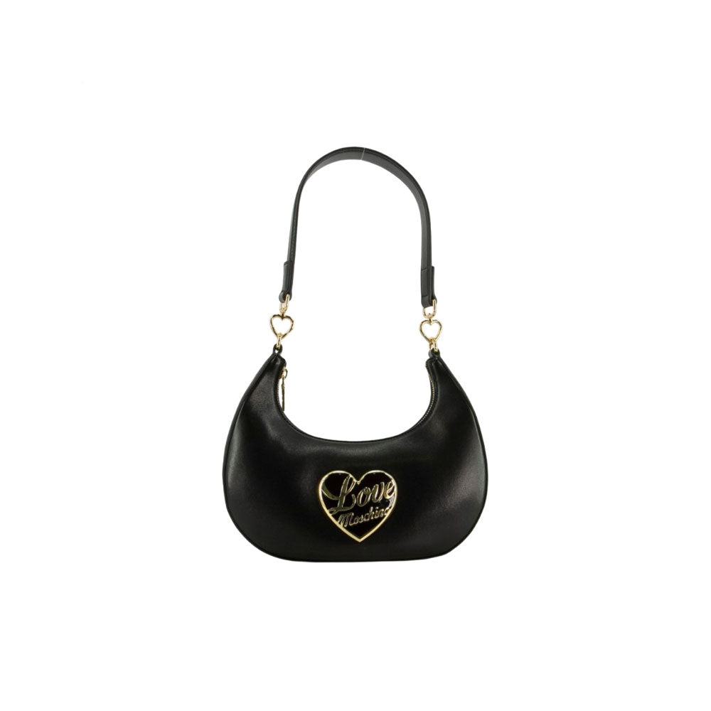 Borsa a spalla Love Moschino in pelle nera con dettagli dorati e logo distintivo, ideale per accessori donna.