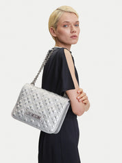 Love Moschino quilted shoulder bag with chain strap, stylish women's accessory in black with quilted pattern and logo detail.