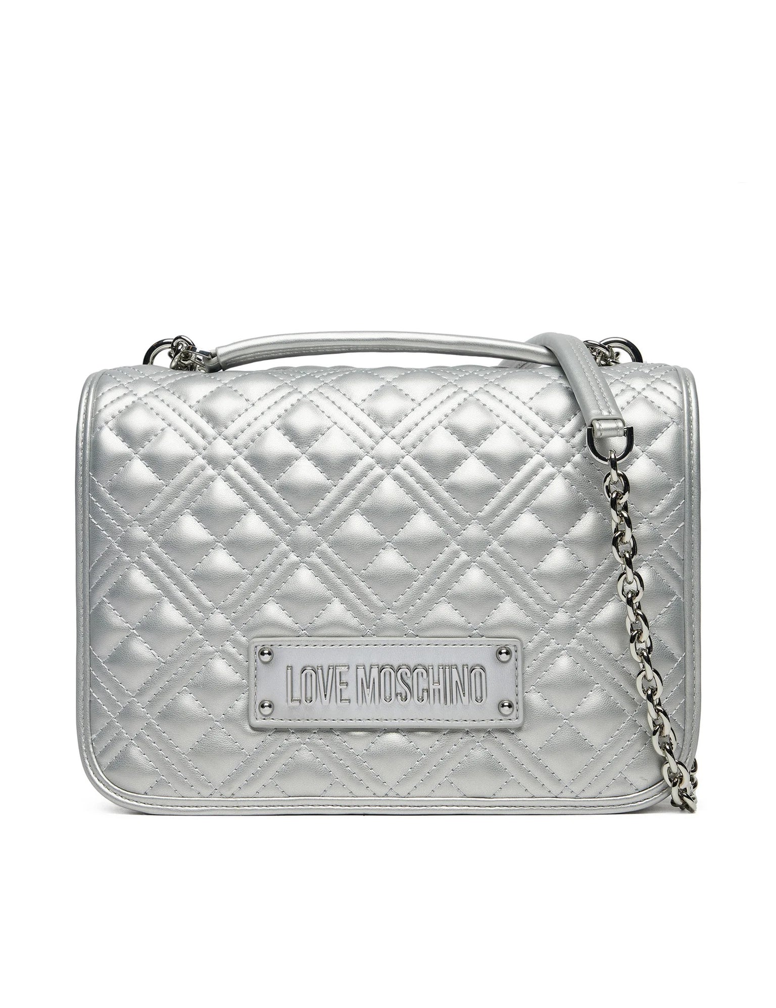 Love Moschino quilted shoulder bag with chain strap, stylish accessory for women, featuring a textured quilted design