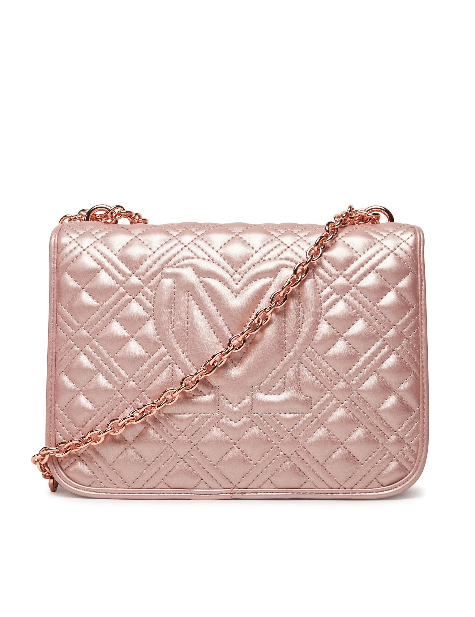 Quilted Love Moschino shoulder bag in black with silver chain strap, stylish accessory for women.