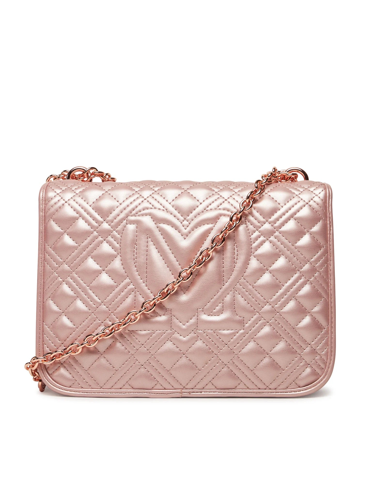 Quilted Love Moschino shoulder bag in black with silver chain strap, stylish accessory for women.