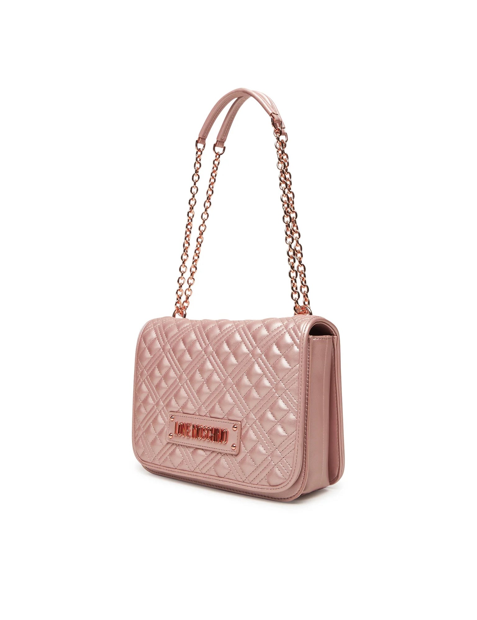 Love Moschino quilted shoulder bag for women, stylish accessory with a puffy quilted design and chain strap.