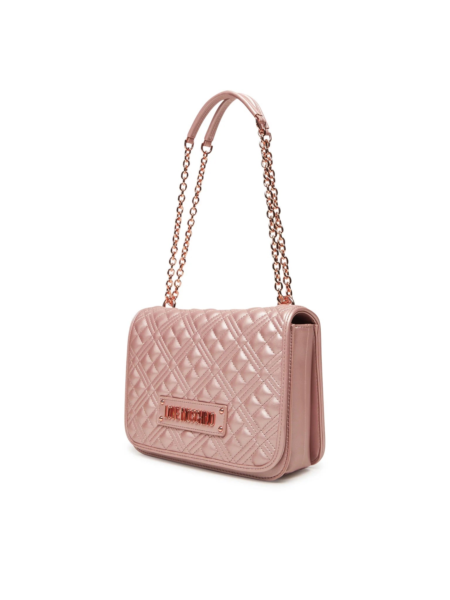 Love Moschino quilted shoulder bag for women, stylish accessory with a puffy quilted design and chain strap.