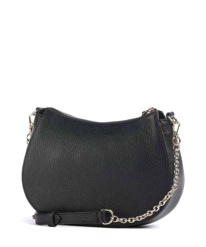 Coccinelle C-Easy mini crossbody bag in black leather with adjustable strap and silver hardware.