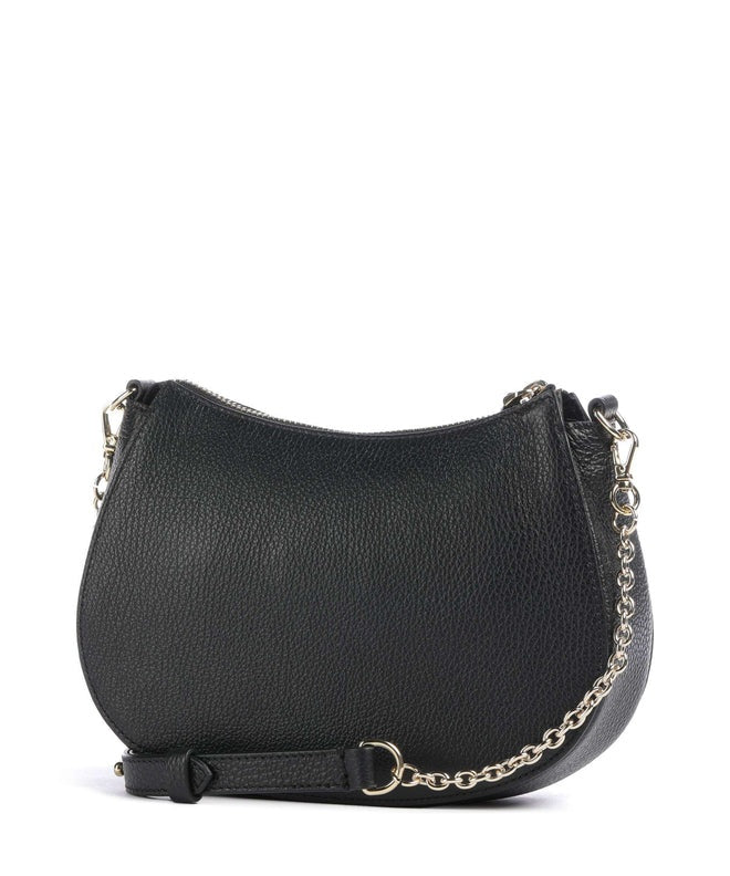 Coccinelle C-Easy mini crossbody bag in black leather with adjustable strap and silver hardware.