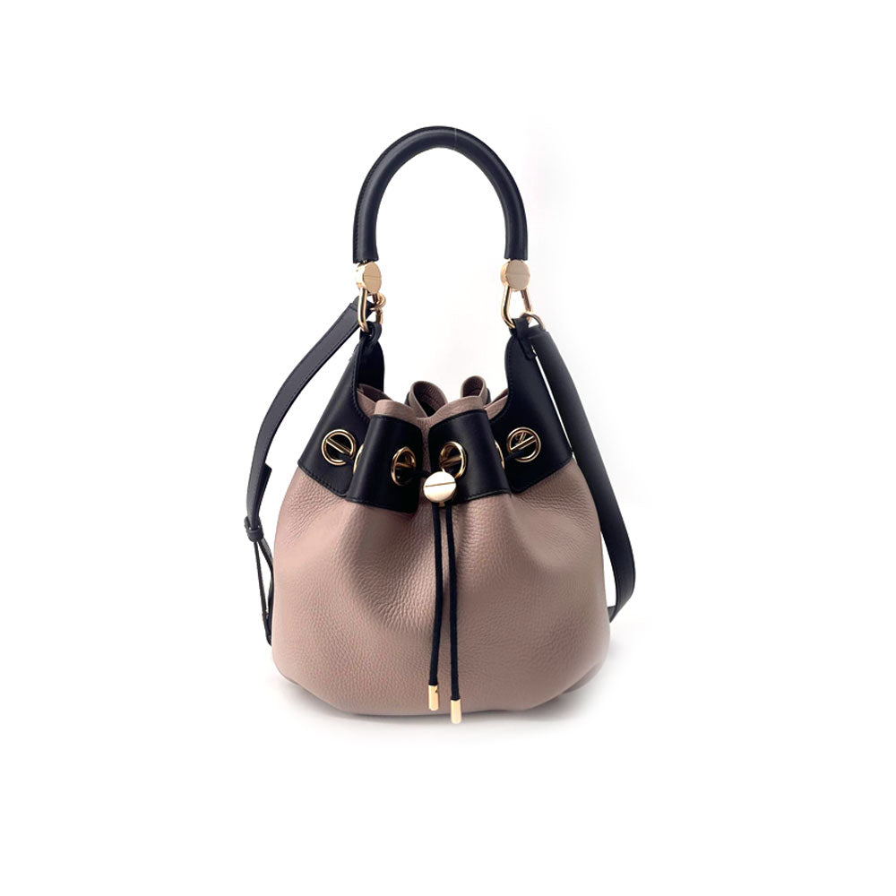 Mini bucket bag by Borbonese, elegant women's accessory in black leather with top handle and stylish design.