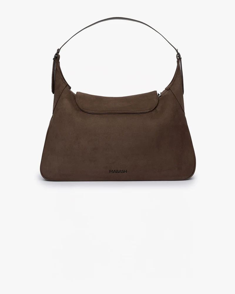 Borsa in pelle scamosciata vegana The Choco Hobo Mabash color cioccolato, vista posteriore con manico regolabile su sfondo bianco.